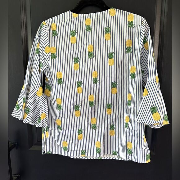 Tacera blue and white striped bell sleeve top with yellow and green pineapples - Picture 4 of 7